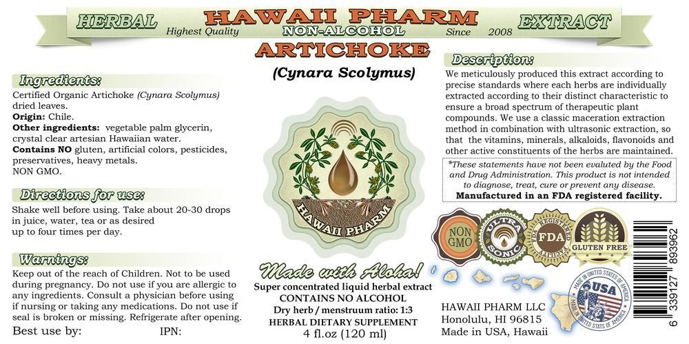 Hawaii Pharm Artichoke Glycerite liquid supplement dropper bottle for liver health support.