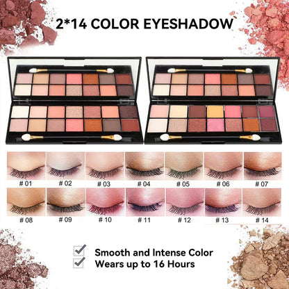 Karuizi makeup kit eyeshadow palettes open revealing the twenty eight matte and shimmer color shades