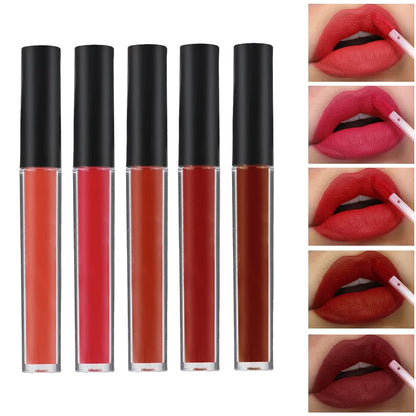 Close up view of the five Karuizi lip gloss sets and liquid foundation included in the vanity kit