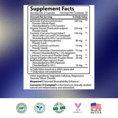 Natural herbal digestive support capsules for flatulence and water retention