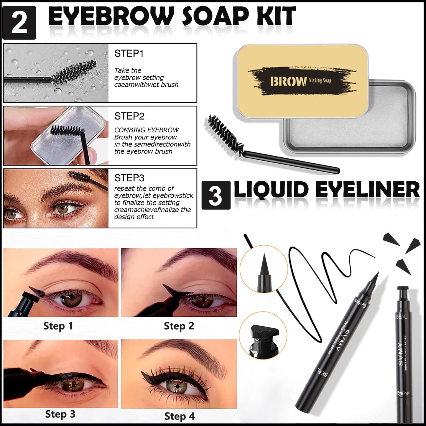 Qiong full face cosmetics kit showing liquid foundation shades and lip colors with blending brushes