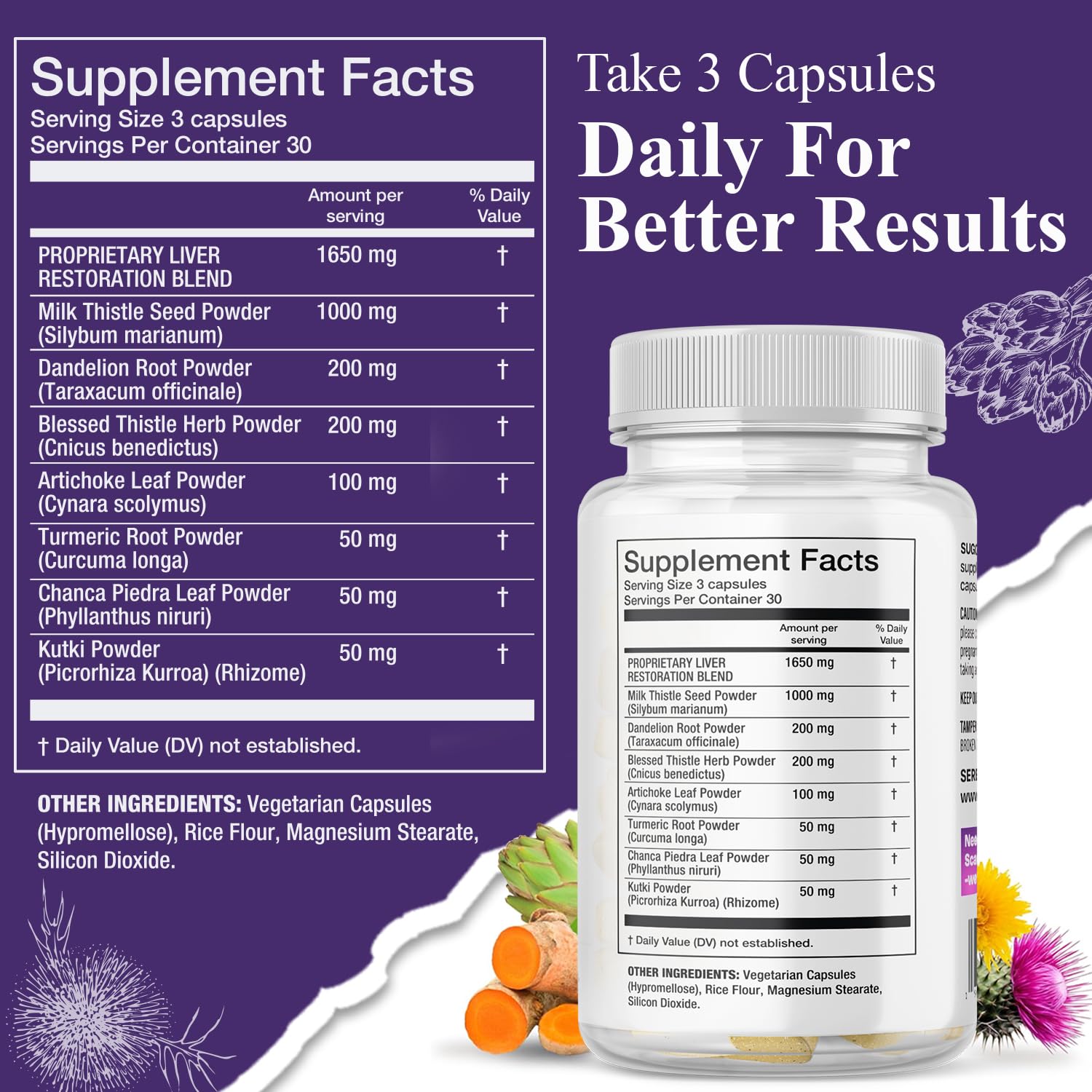 Serene Herbs Ancient Formula dietary supplement supplement facts panel detailing milk thistle and artichoke extract dosages.