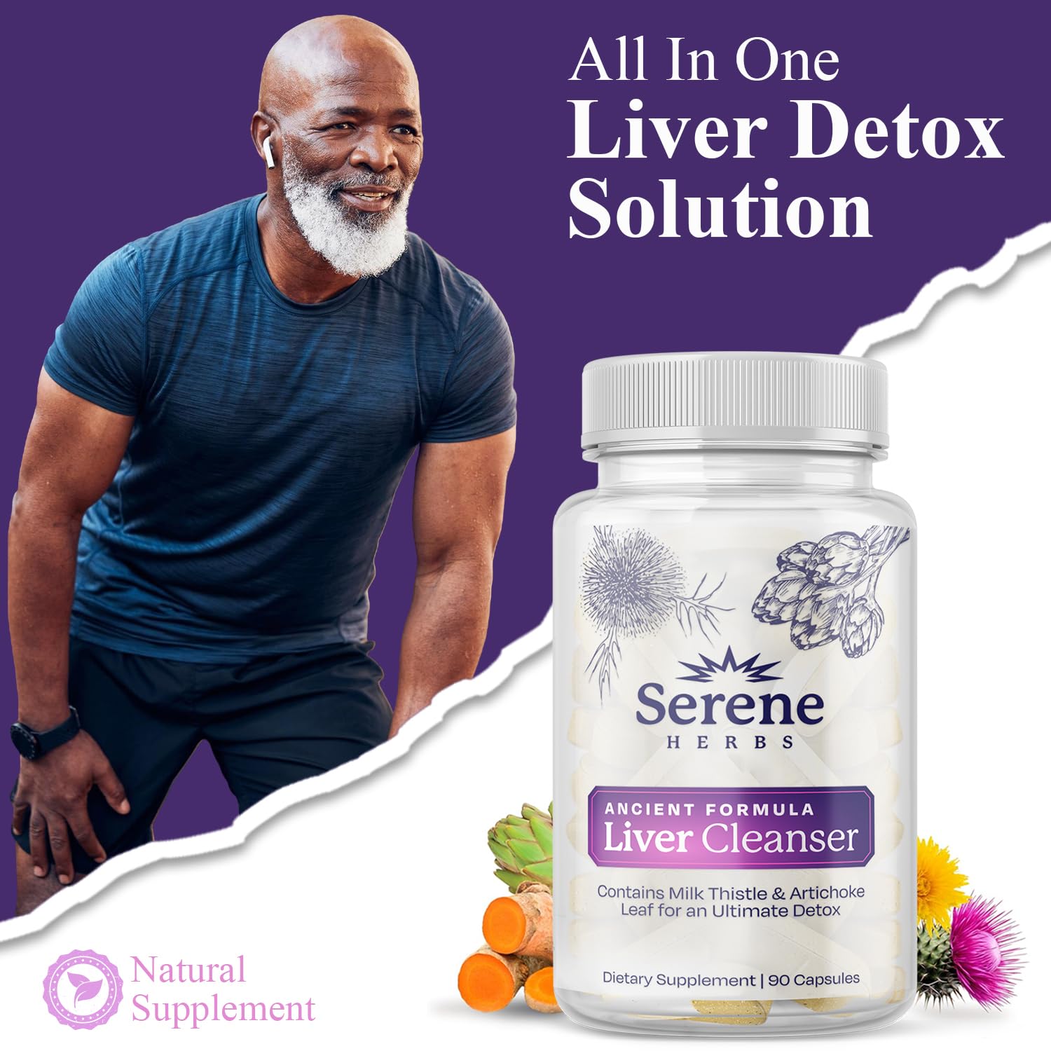 Side angle of Serene Herbs liver support bottle highlighting imported authenticity seals and product manufacturing details.
