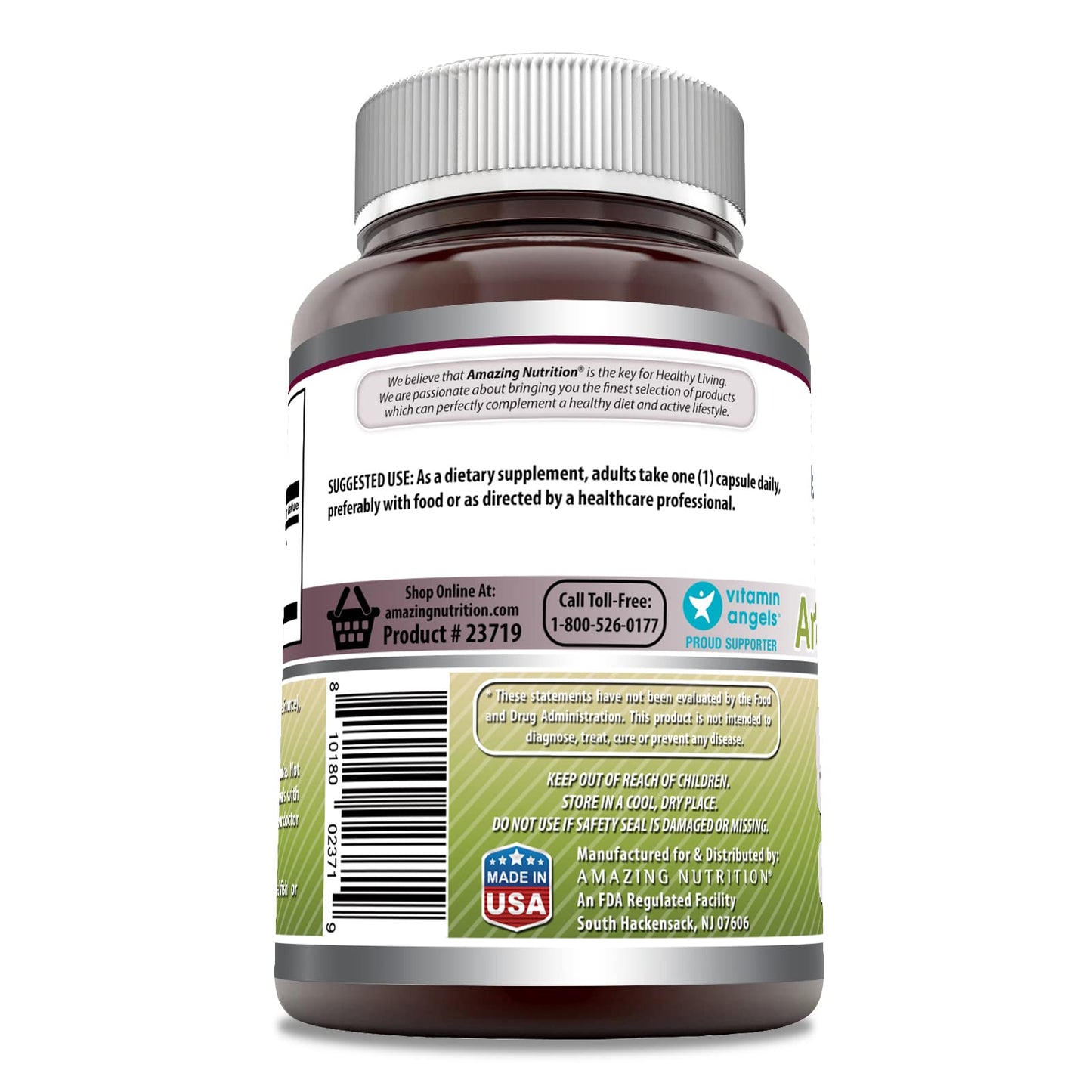 Amazing Nutrition Artichoke Extract 500mg capsule size and non-GMO product label specifications.