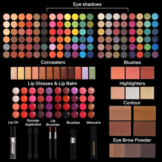 Charmcode 186 color makeup palette fully opened showing slide out trays of eyeshadows and lip glosses