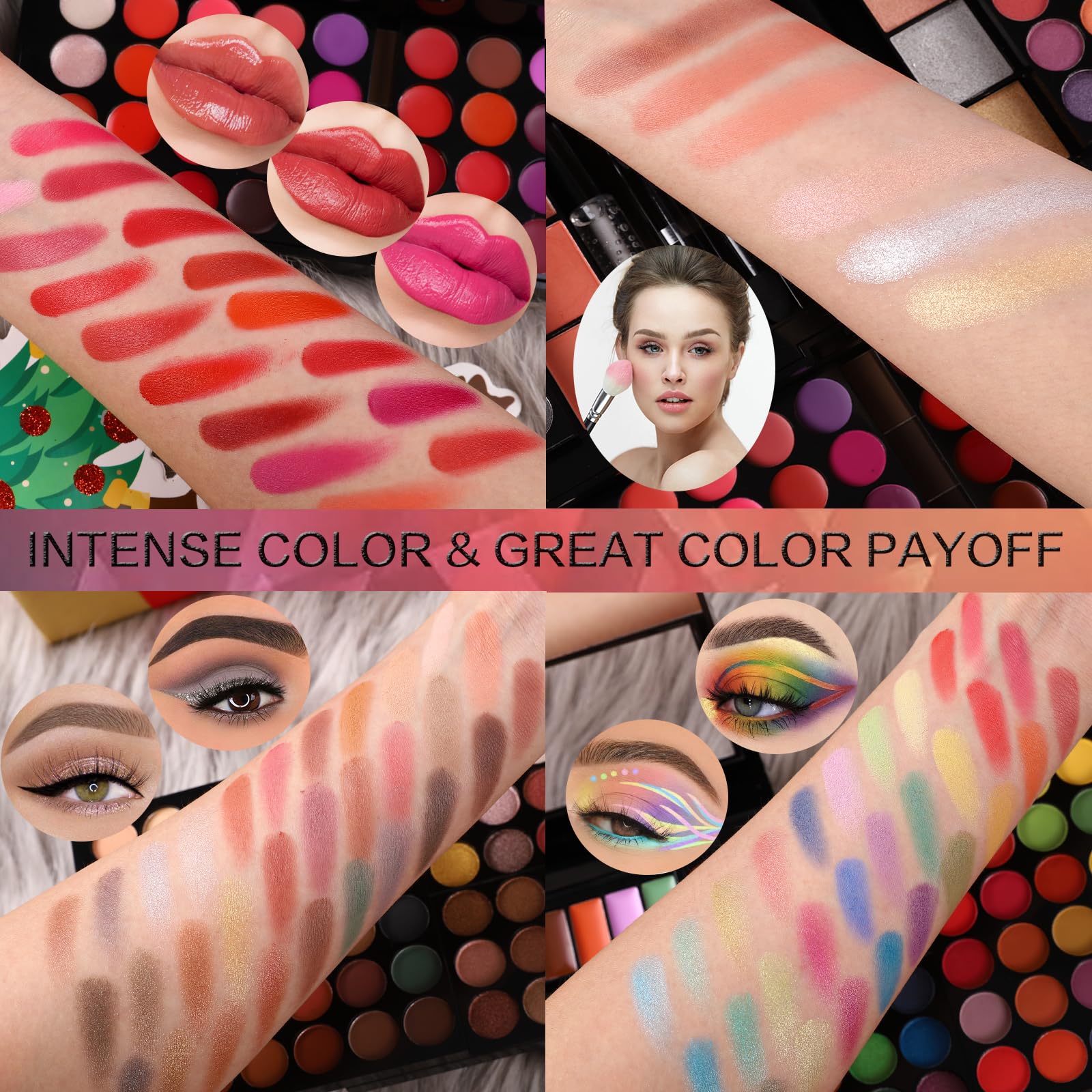 Charmcode travel cosmetics kit top tier display of matte and shimmer eyeshadow shades with built in mirror