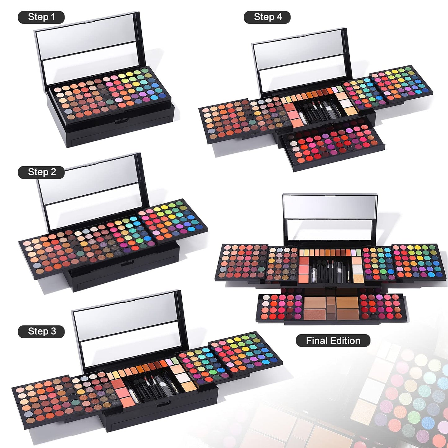 Charmcode professional makeup gift set demonstrating the retractable tiered design for easy storage
