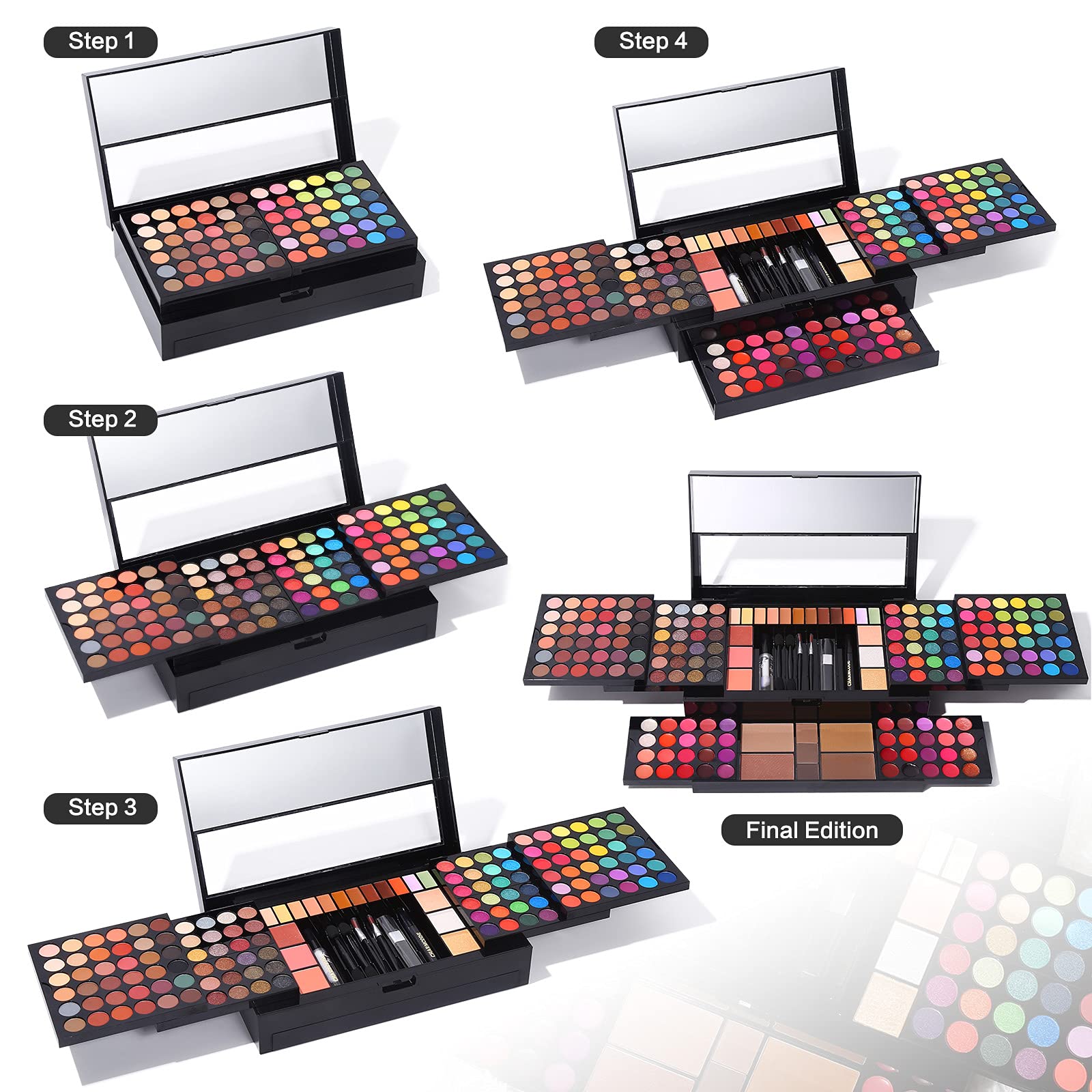 Charmcode professional makeup gift set demonstrating the retractable tiered design for easy storage