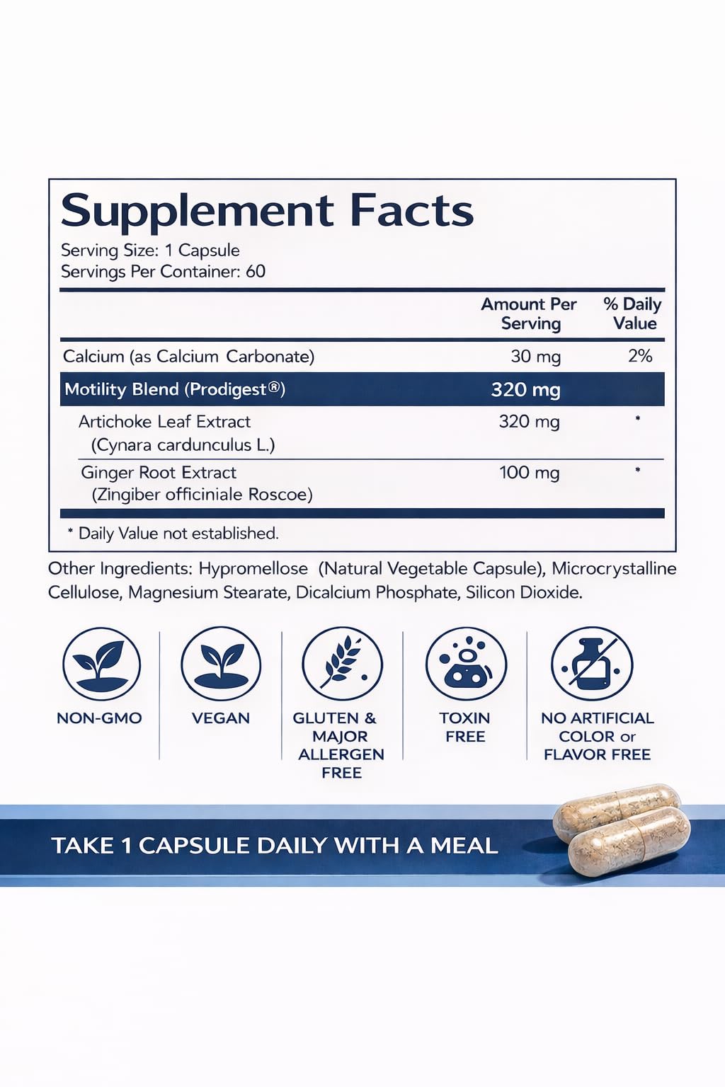 MediMotility sixty capsules label displaying artichoke and ginger extract ingredients.