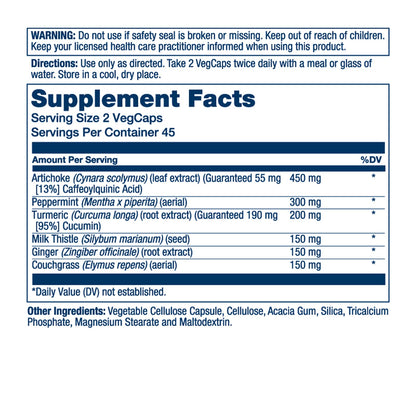 Solaray Gallbladder Support supplement facts label showing ingredients like artichoke and milk thistle.