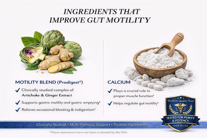 MediVite digestive health supplement bottle alongside natural ginger root visuals.