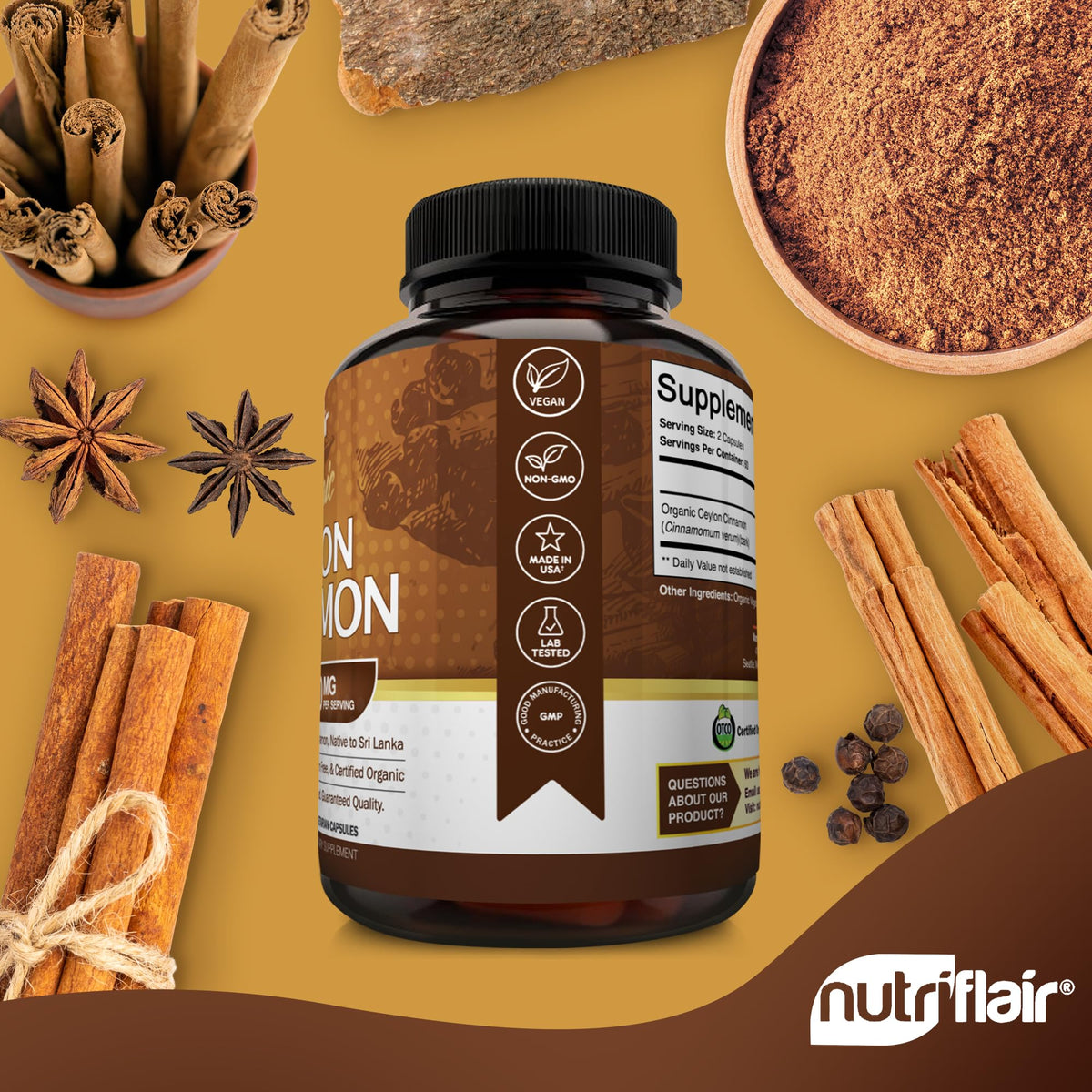 NutriFlair supplement bottle highlighting USDA organic certification