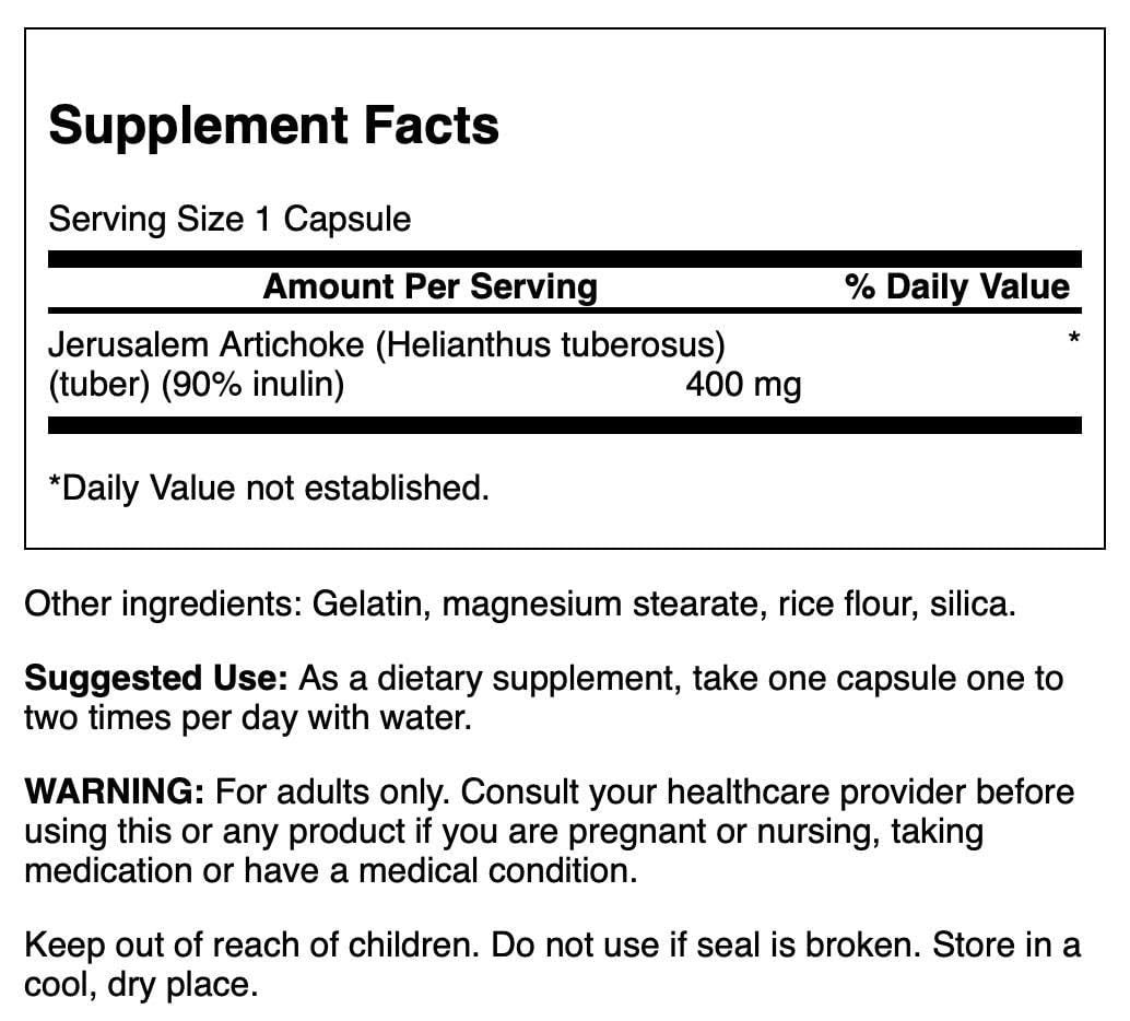 Supplement facts label on the back of Swanson Jerusalem Artichoke 90 percent inulin bottle detailing capsule ingredients