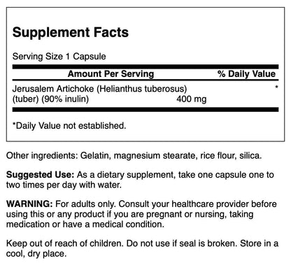 Supplement facts label on the back of Swanson Jerusalem Artichoke 90 percent inulin bottle detailing capsule ingredients