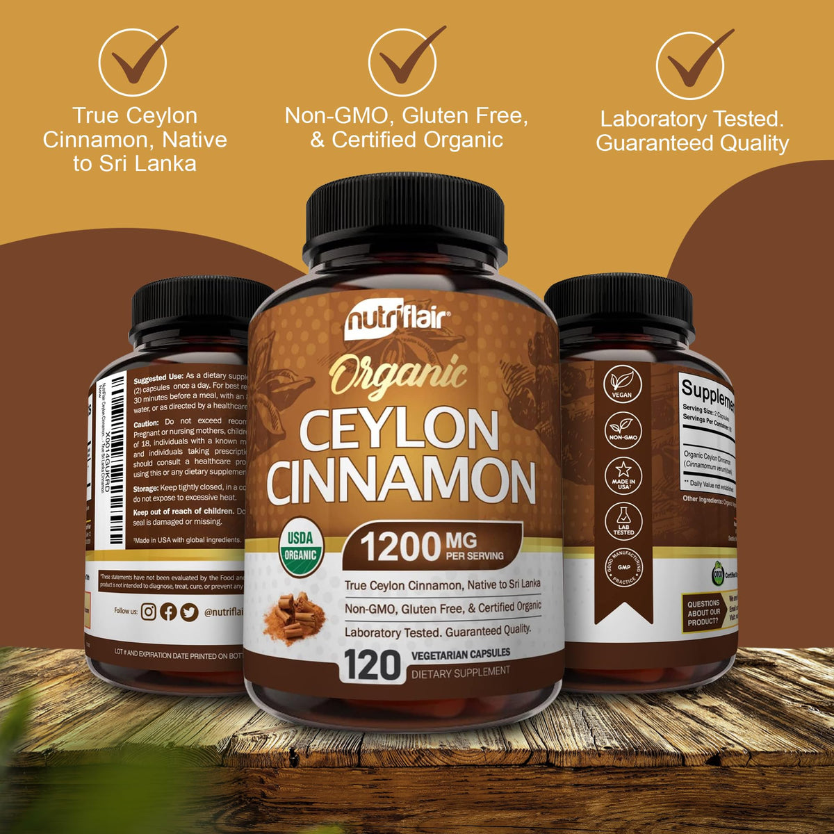 Side profile of NutriFlair Ceylon Cinnamon capsule bottle