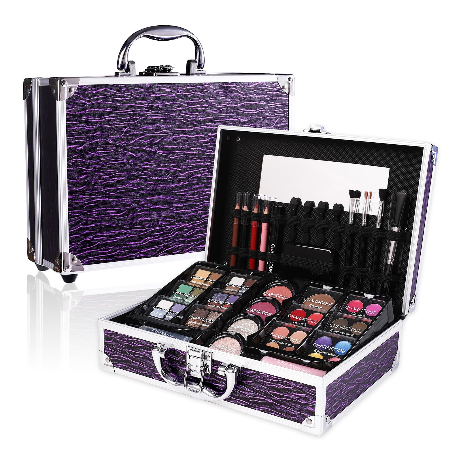 Charmcode beauty starter set fully opened displaying all eyeshadow palettes and lip colors.