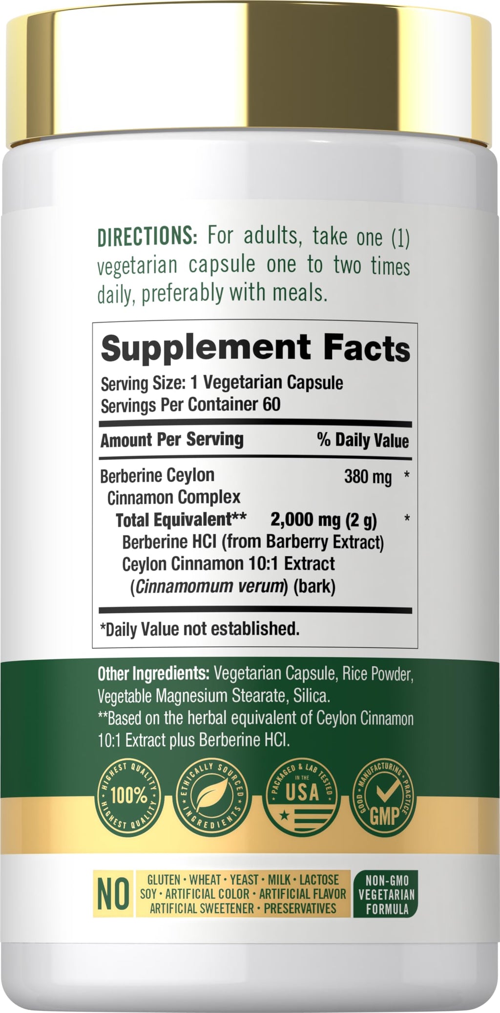 Carlyle Berberine with Ceylon Cinnamon 60 capsules supplement facts label