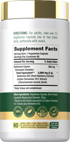 Carlyle Berberine with Ceylon Cinnamon 60 capsules supplement facts label