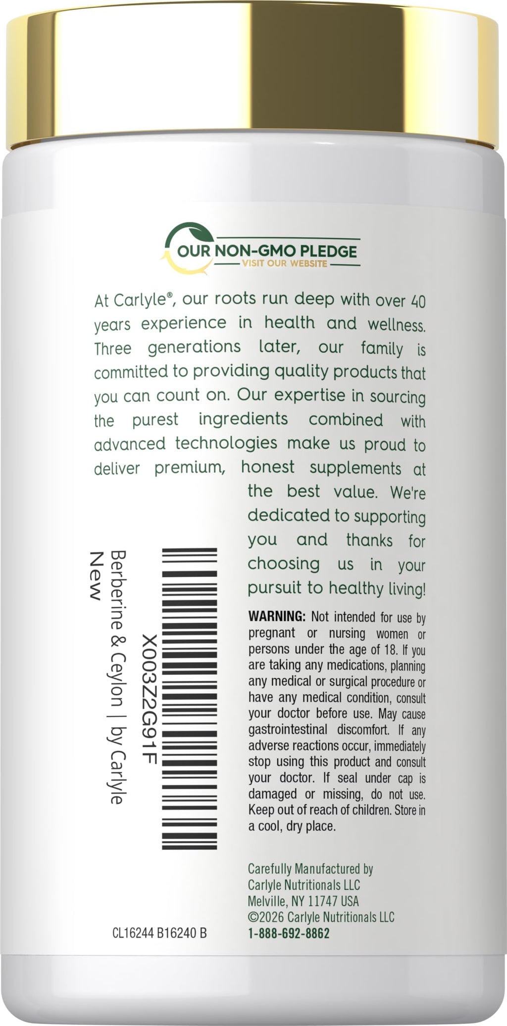 Carlyle Berberine and Ceylon Cinnamon bottle showing vegetarian and non-GMO labels