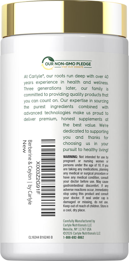 Carlyle Berberine and Ceylon Cinnamon bottle showing vegetarian and non-GMO labels