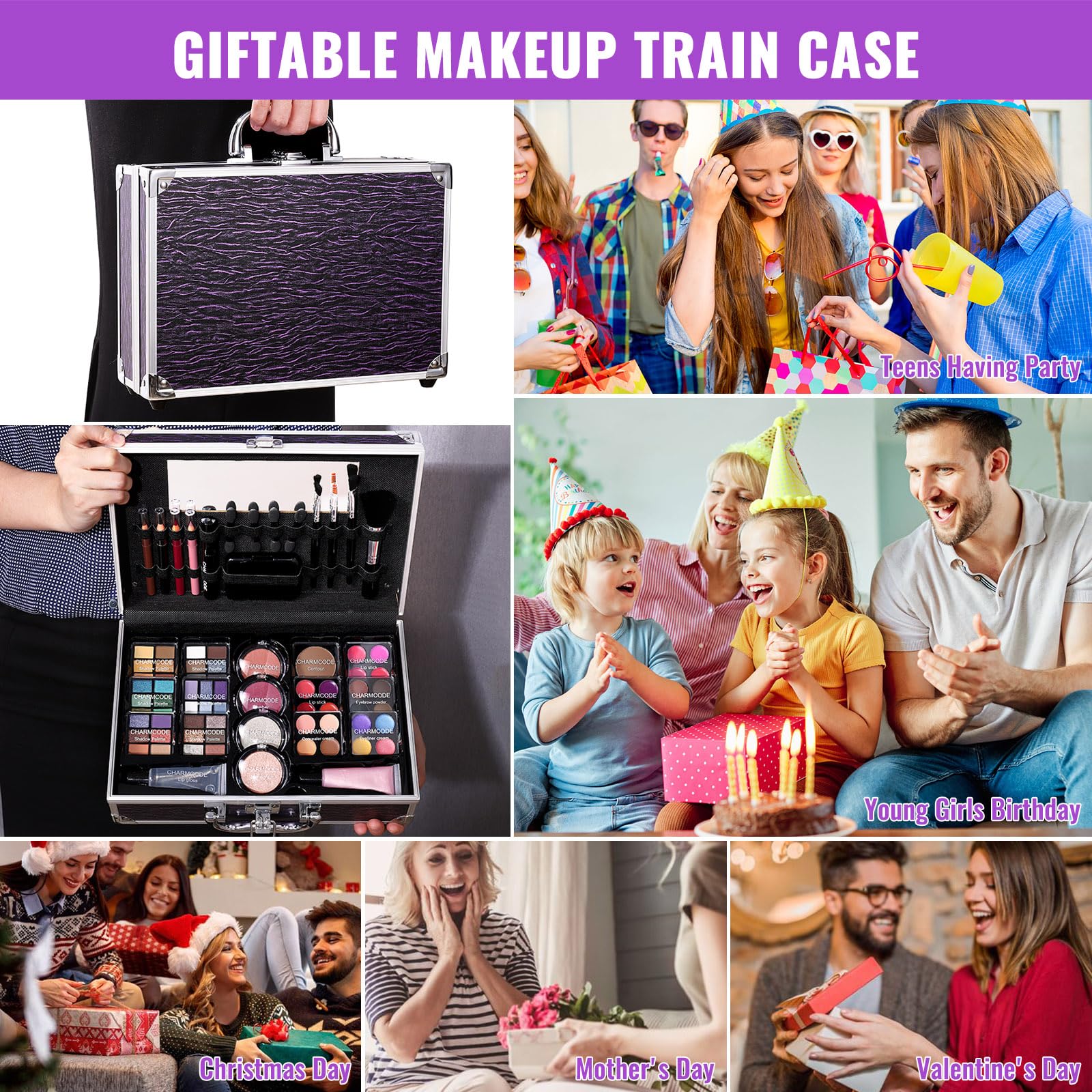Charmcode purple makeup case being held to showcase its portable travel-friendly size.