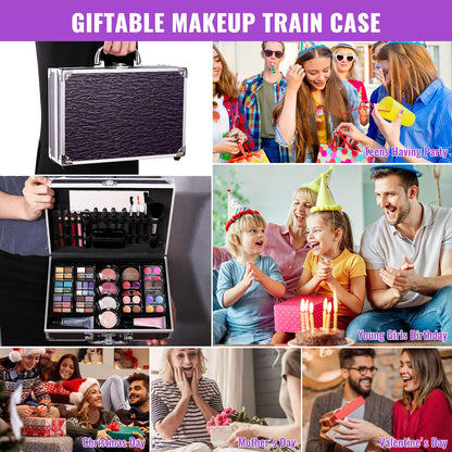 Charmcode purple makeup case being held to showcase its portable travel-friendly size.