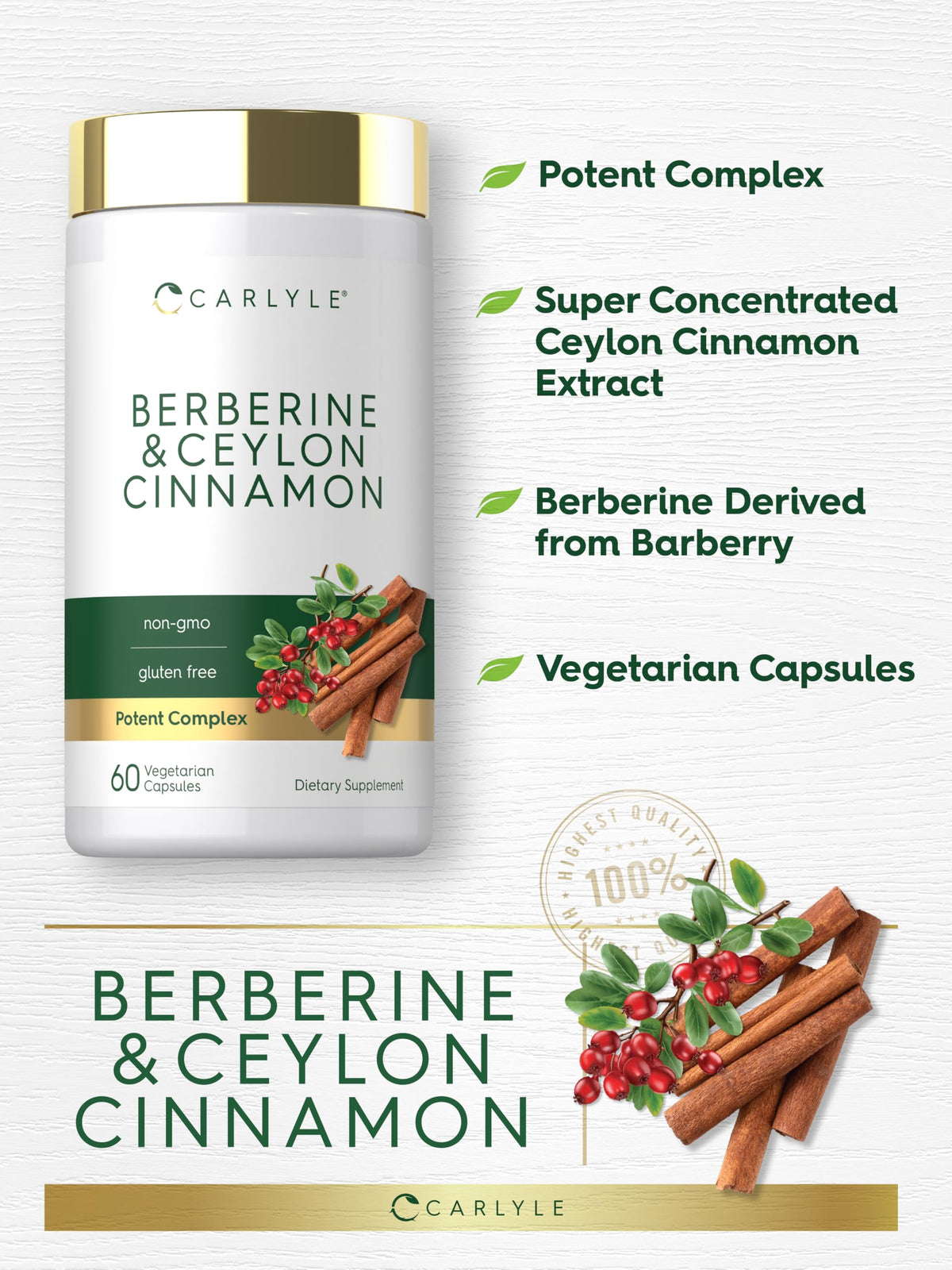 Side profile of Carlyle Berberine with Ceylon Cinnamon supplement bottle