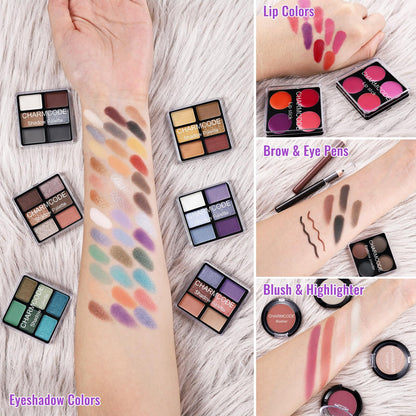 Close-up of the vegan matte and shimmer eyeshadow compacts inside the Charmcode kit.