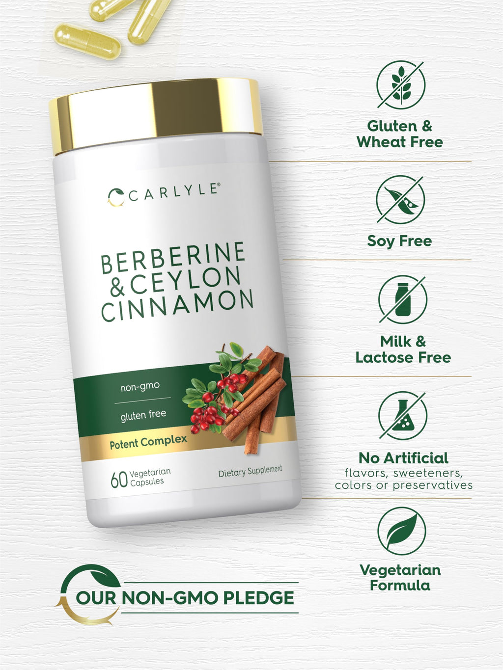 Close up of Carlyle Berberine with Ceylon Cinnamon 2000mg complex text on label