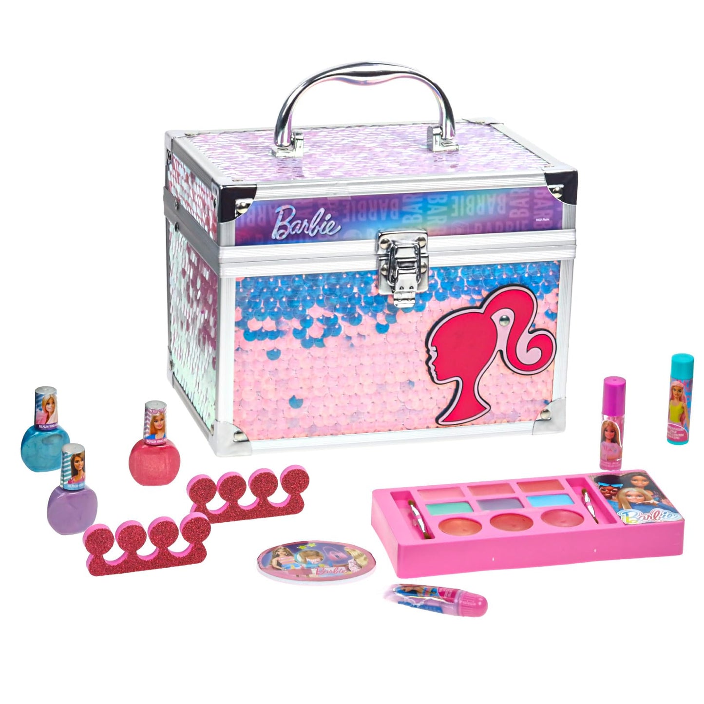 Open Townley Girl Barbie makeup kit showcasing the washable lip gloss, nail polish, and eyeshadows.