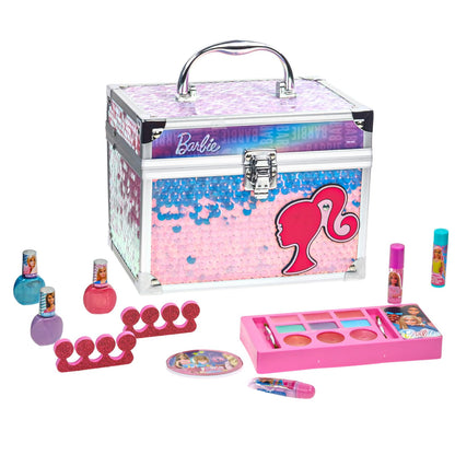 Open Townley Girl Barbie makeup kit showcasing the washable lip gloss, nail polish, and eyeshadows.