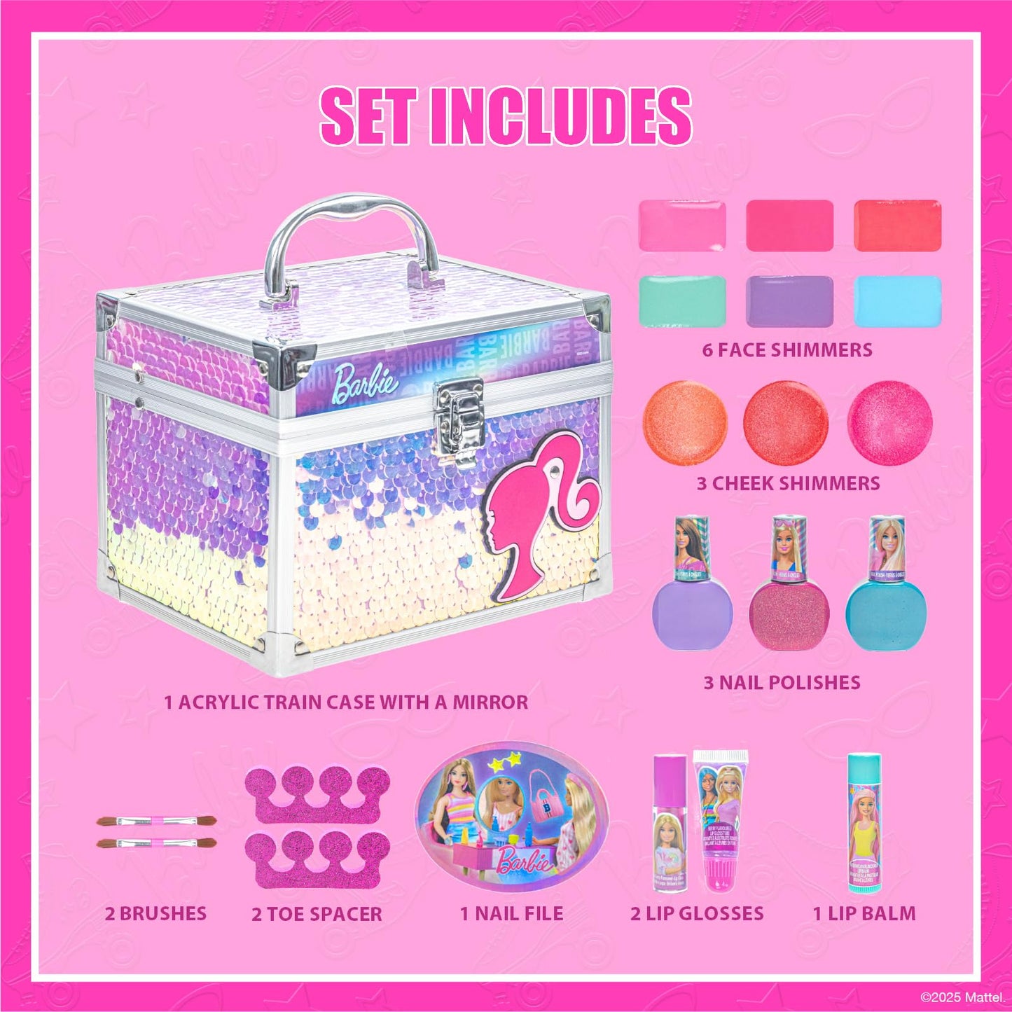 Close-up of the non-toxic bubble gum scented peelable nail polishes from the Barbie beauty set.