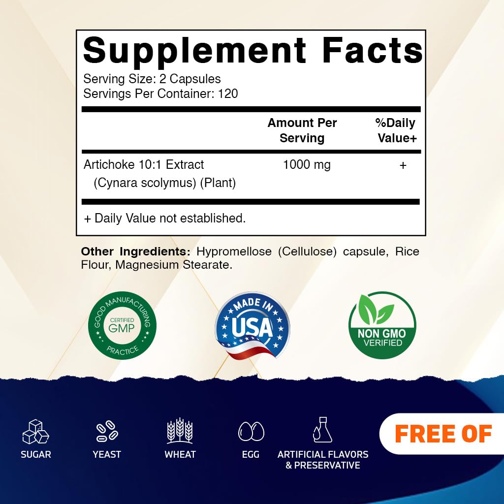 Vitamatic Artichoke Extract supplement facts panel showing 10:1 concentrated formula details