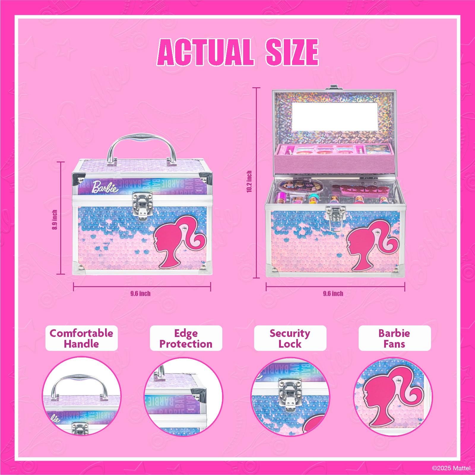 Barbie movie themed kids cosmetic kit featuring cotton candy flavored lip glosses and applicators.