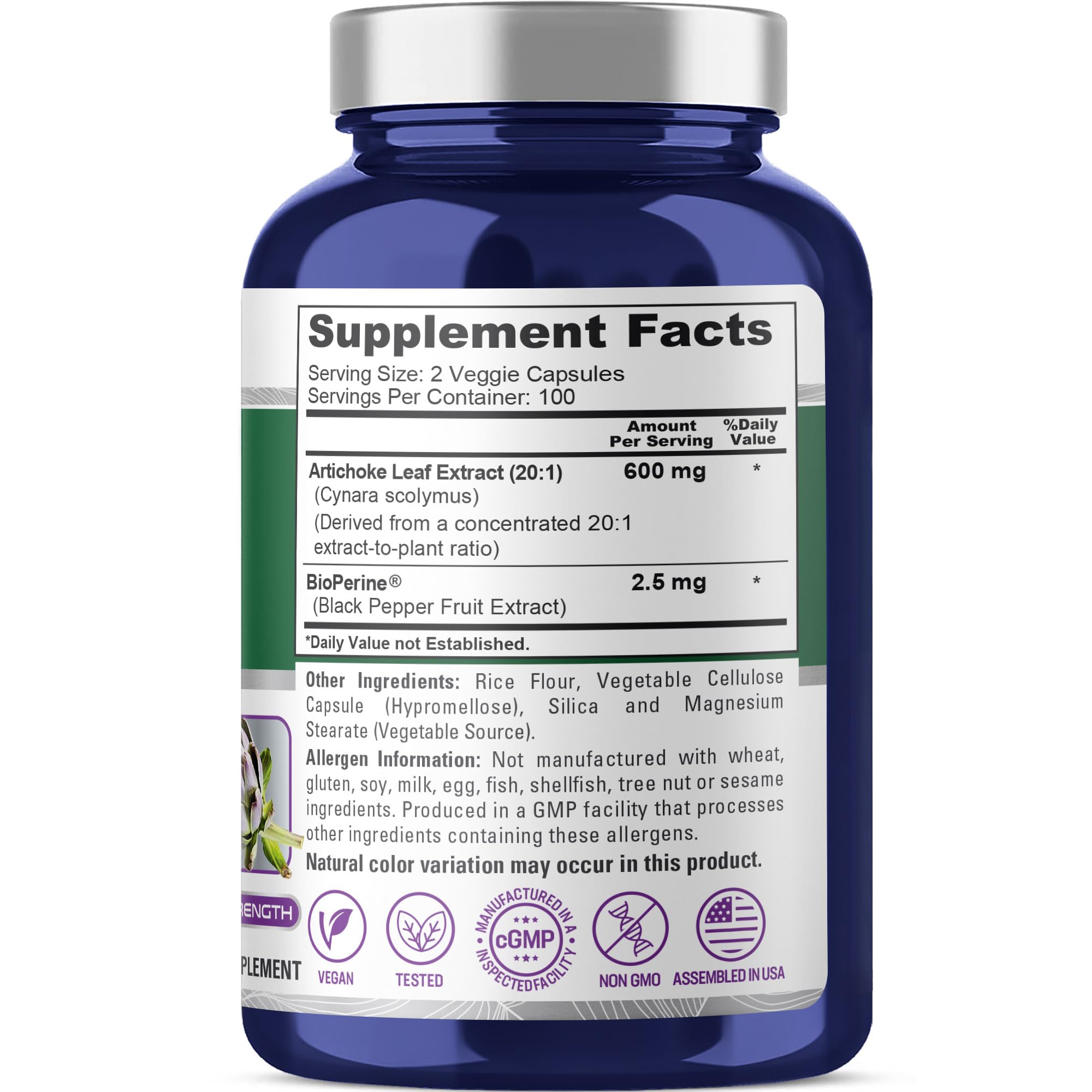 NusaPure Artichoke 600 milligrams supplement facts and ingredient list label