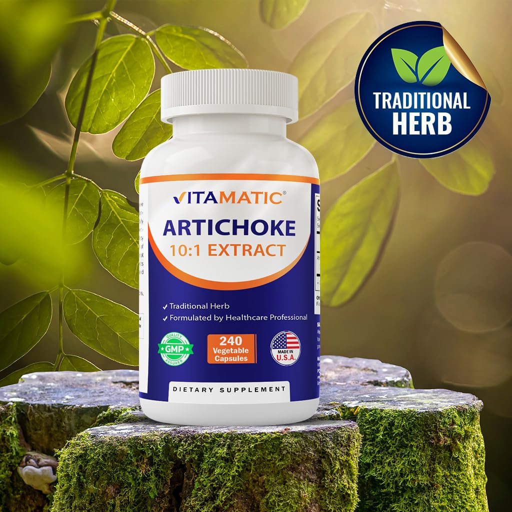 Vitamatic Artichoke Extract dietary supplement packaging emphasizing the USA manufactured label