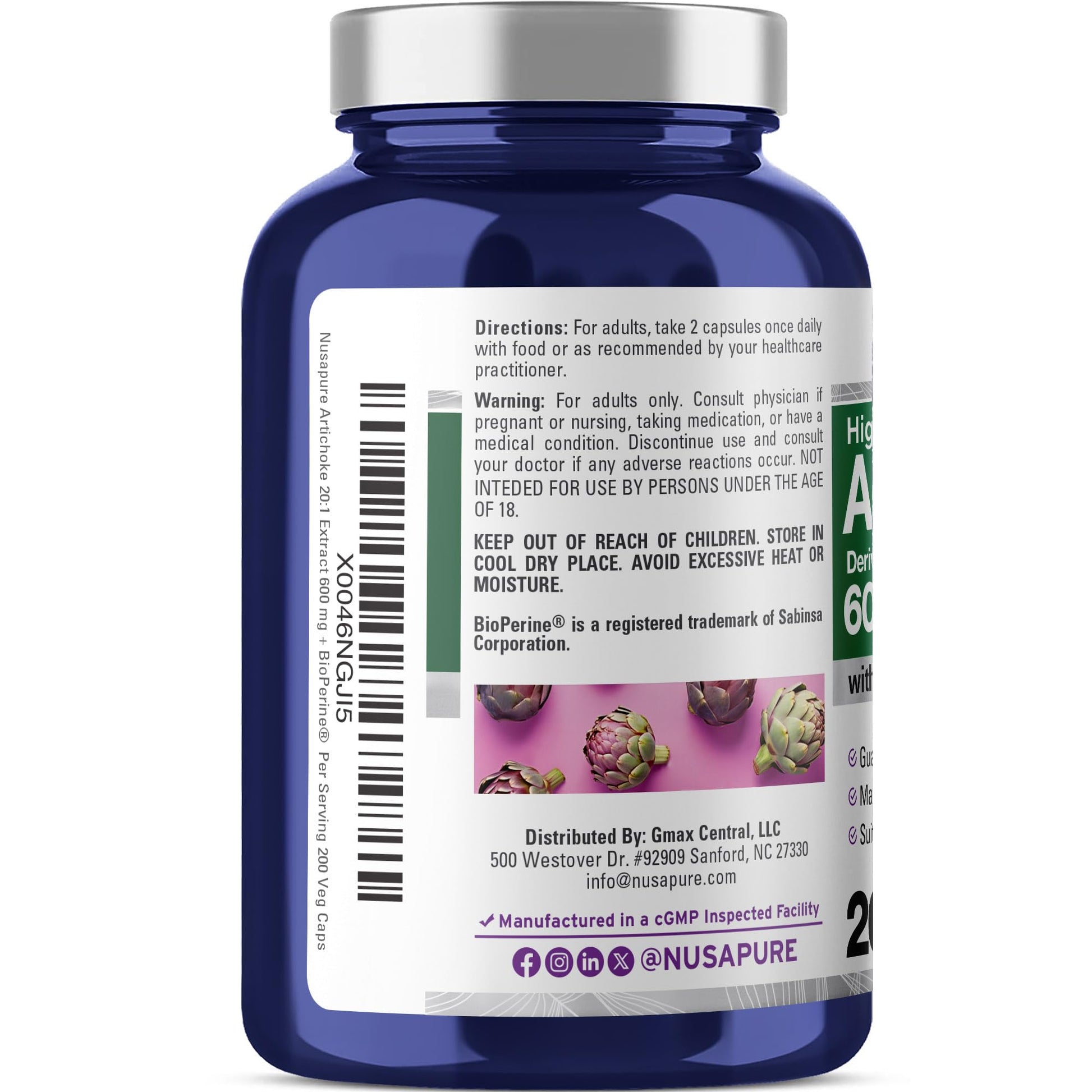 NusaPure Artichoke 20:1 extract capsules showing non-GMO and vegan seals