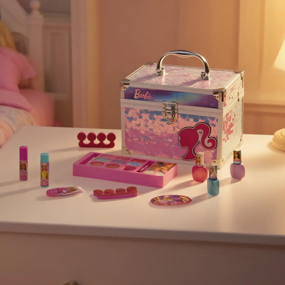 Authentic USA imported Barbie beauty deluxe train case set for gifting and creative roleplay.