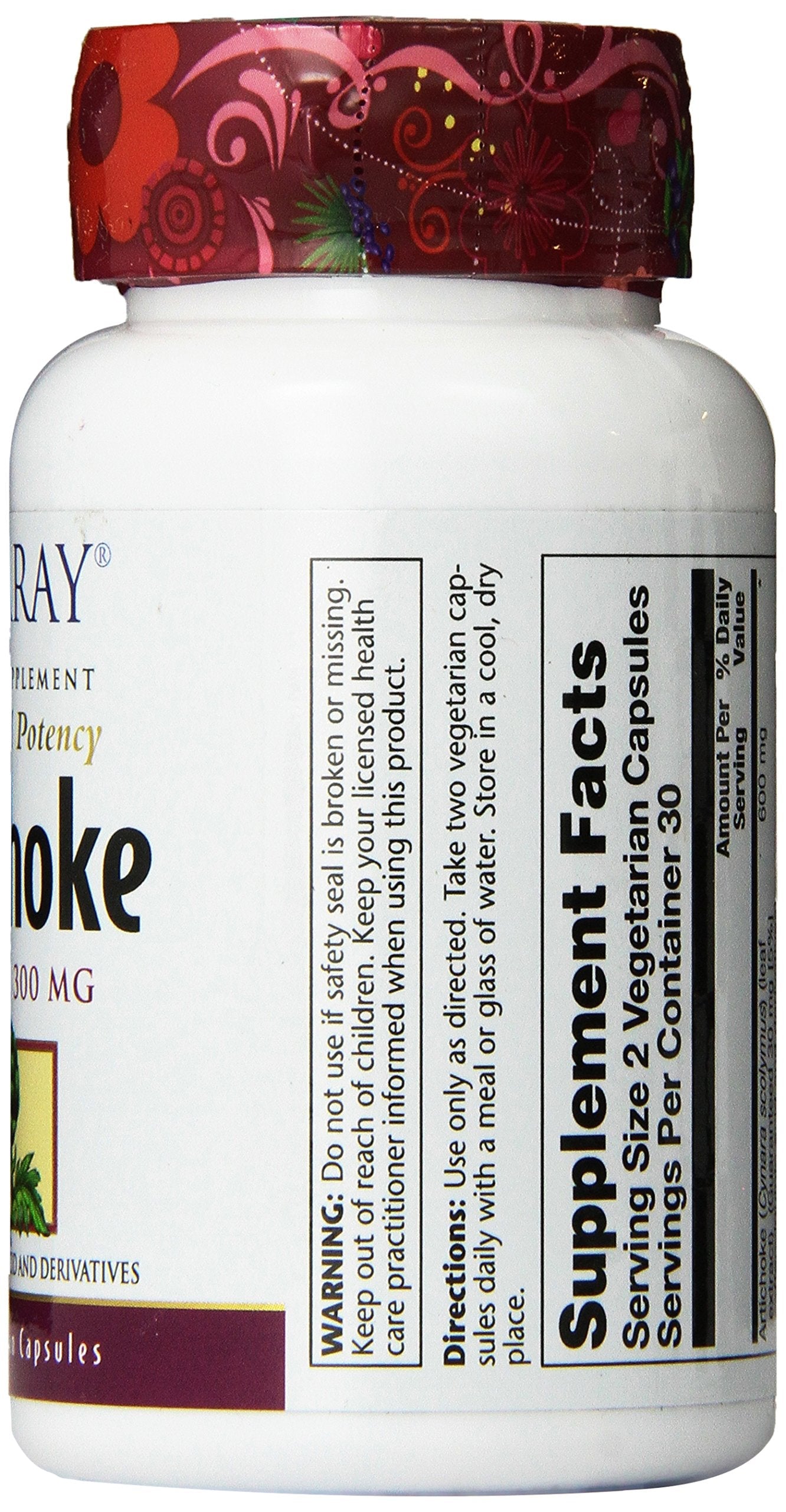 Solaray Artichoke Leaf Extract 600mg side panel listing non-GMO and laboratory verified details.