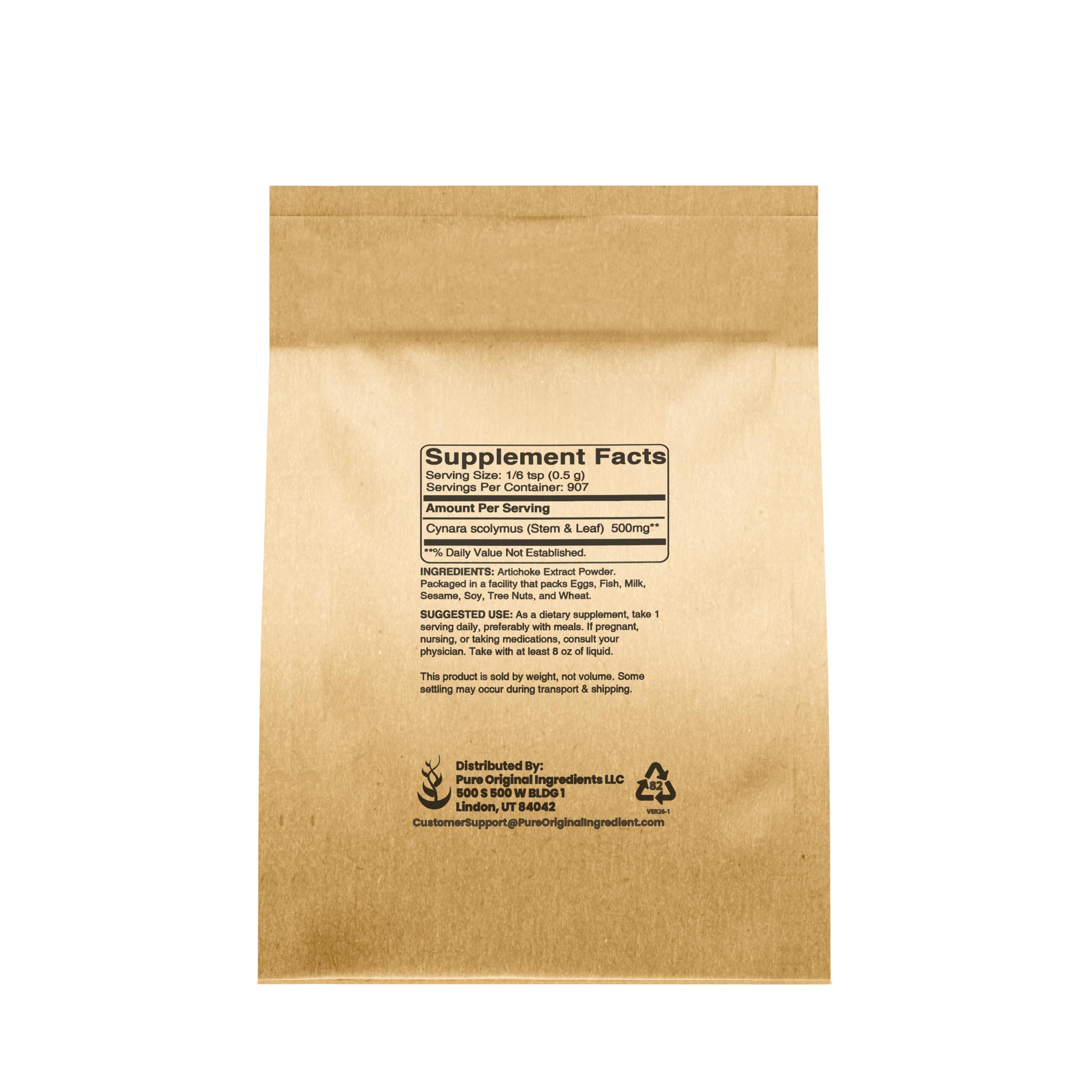 Pure Original Ingredients Artichoke Extract Powder nutritional supplement label details