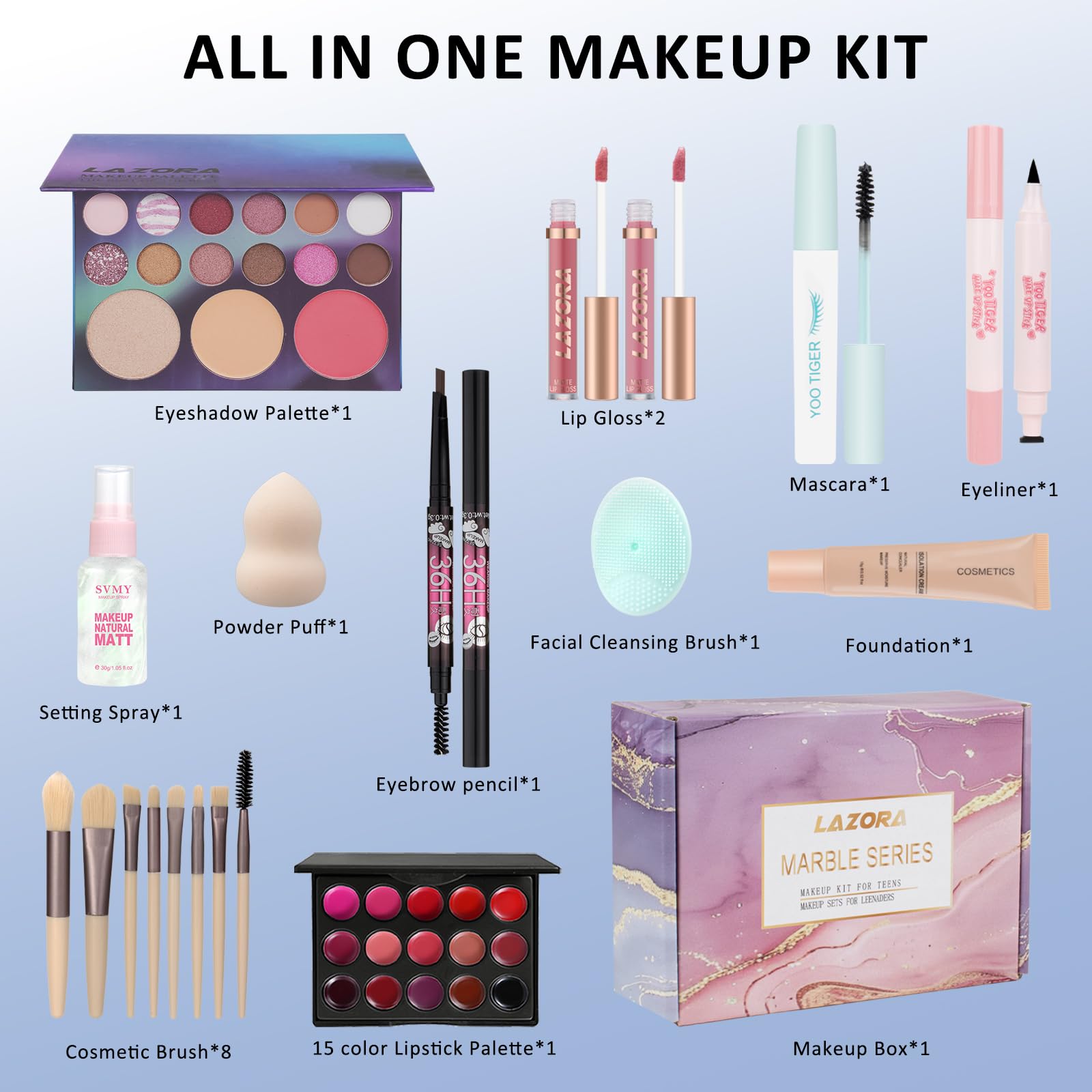 LAZORA beauty gift set for girls displaying liquid foundation and lip glosses
