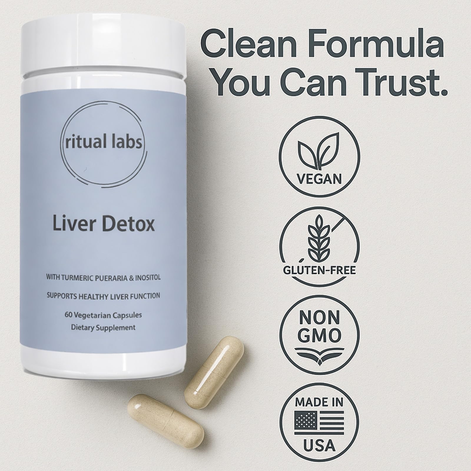 Imported Ritual Labs liver detox supplement with silymarin and turmeric capsules label information