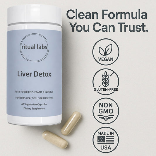 Imported Ritual Labs liver detox supplement with silymarin and turmeric capsules label information