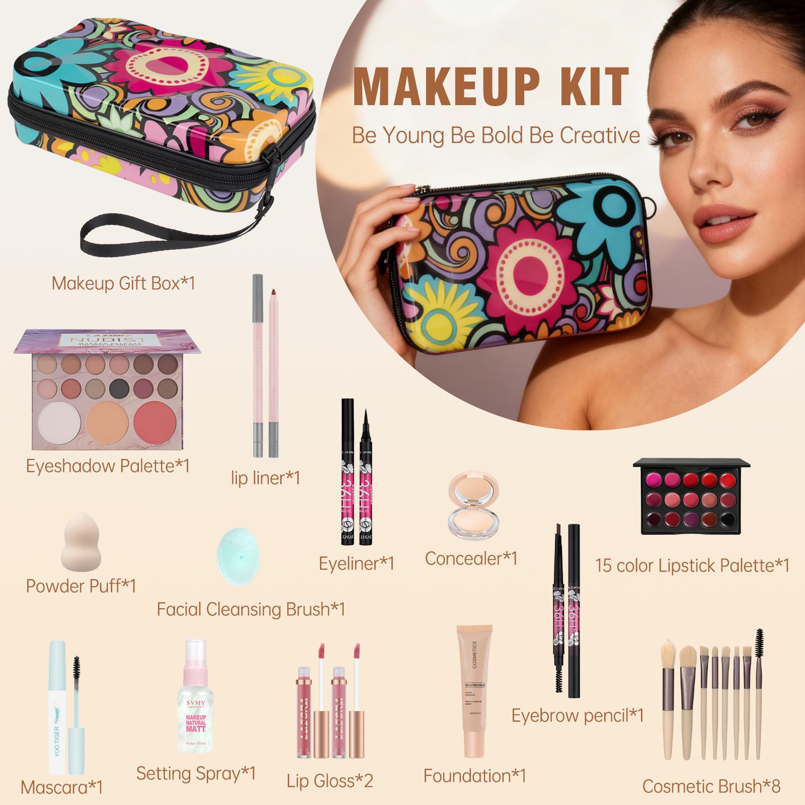 LAZORA cosmetic starter set with eight professional makeup brushes and liquid foundation bottles arranged neatly.
