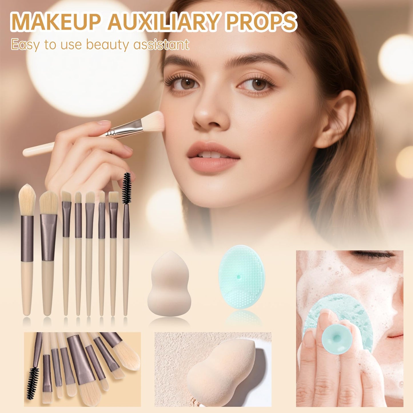 Texture demonstration of the cream and powder cosmetics included in this beginner makeup set.