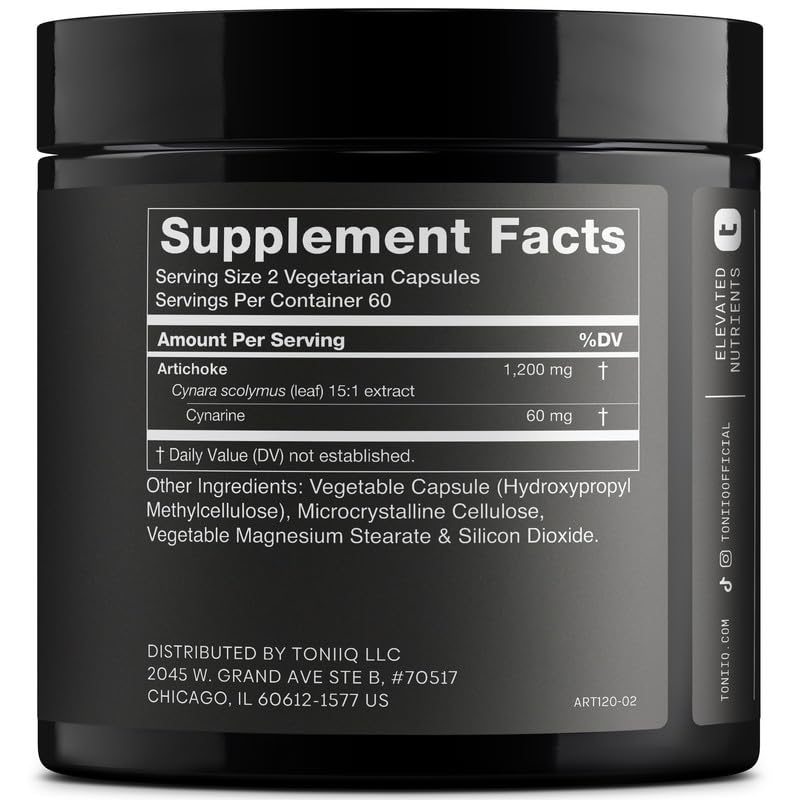 Toniiq Artichoke Extract 15:1 supplement facts panel showing 1200 milligram serving and cynarine content