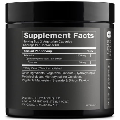 Toniiq Artichoke Extract 15:1 supplement facts panel showing 1200 milligram serving and cynarine content