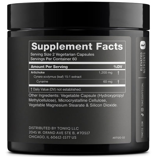 Toniiq Artichoke Extract 15:1 supplement facts panel showing 1200 milligram serving and cynarine content