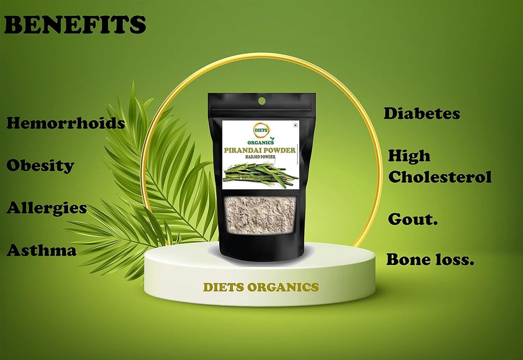 Pure natural Pirandai herb stem powder packaging details and nutritional facts.