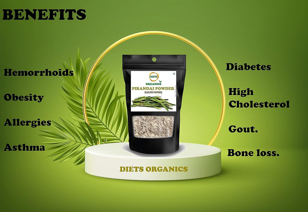 Pure natural Pirandai herb stem powder packaging details and nutritional facts.